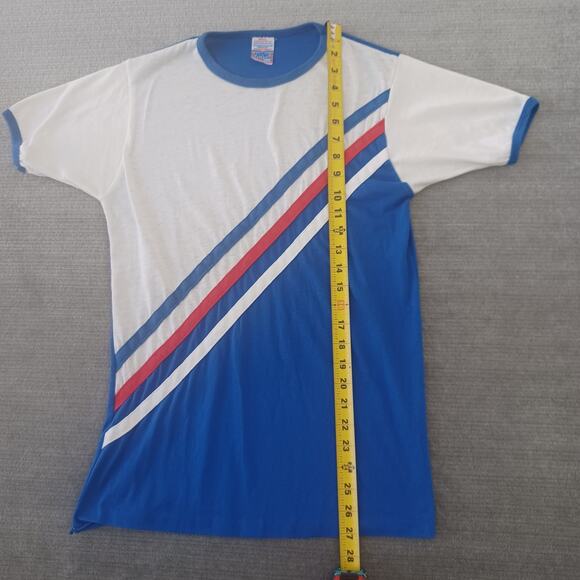 Vintage 70s T Shirt Mens S Blue Perma Prest Sears Varsity Race Stripe Ringer - Picture 5 of 8